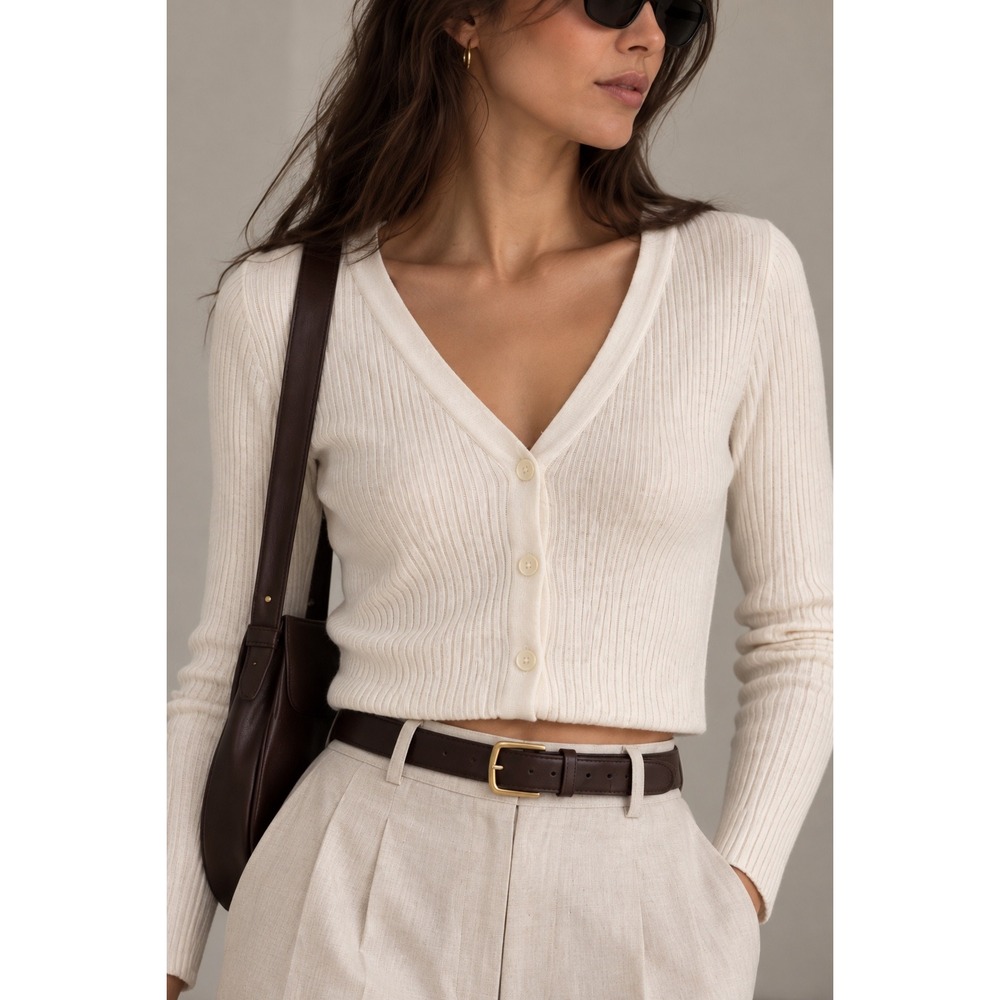 Everlane Women Ribbed Wool Cotton Cropped Cardigan Sweater Cream White M